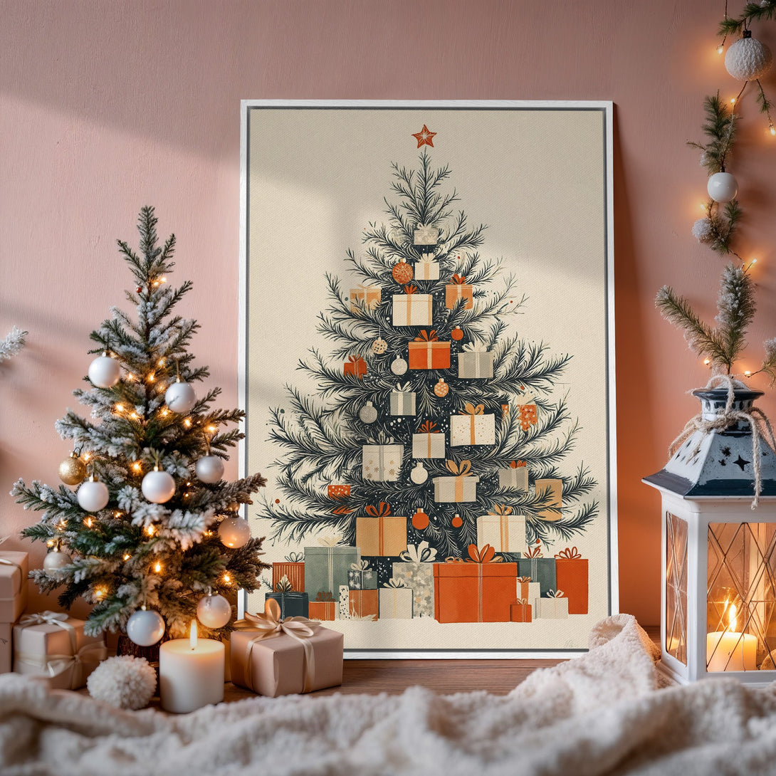 Framed Wall Art: Festive Christmas tree print with warm orange & green tones. Perfect holiday decor for a cozy, inviting space. Shop now!