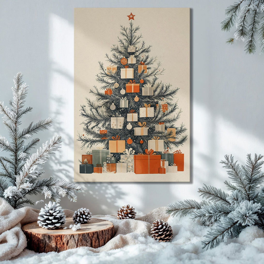 Framed Wall Art: Christmas tree illustration in a cozy interior. Vintage style with warm orange, green, and cream color palette. Perfect holiday decor.