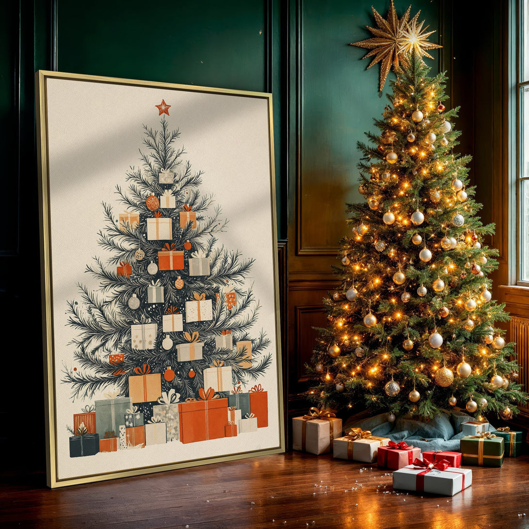 Canvas Print of a festive Christmas tree art print in a cozy, neutral color palette. Perfect holiday wall decor!