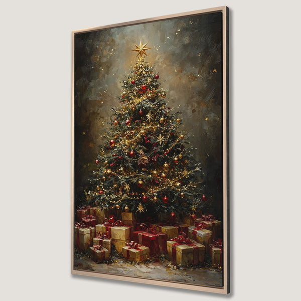 Framed Wall Art: Festive Christmas tree painting with warm gold, red, and green hues. Classic holiday decor for your home.