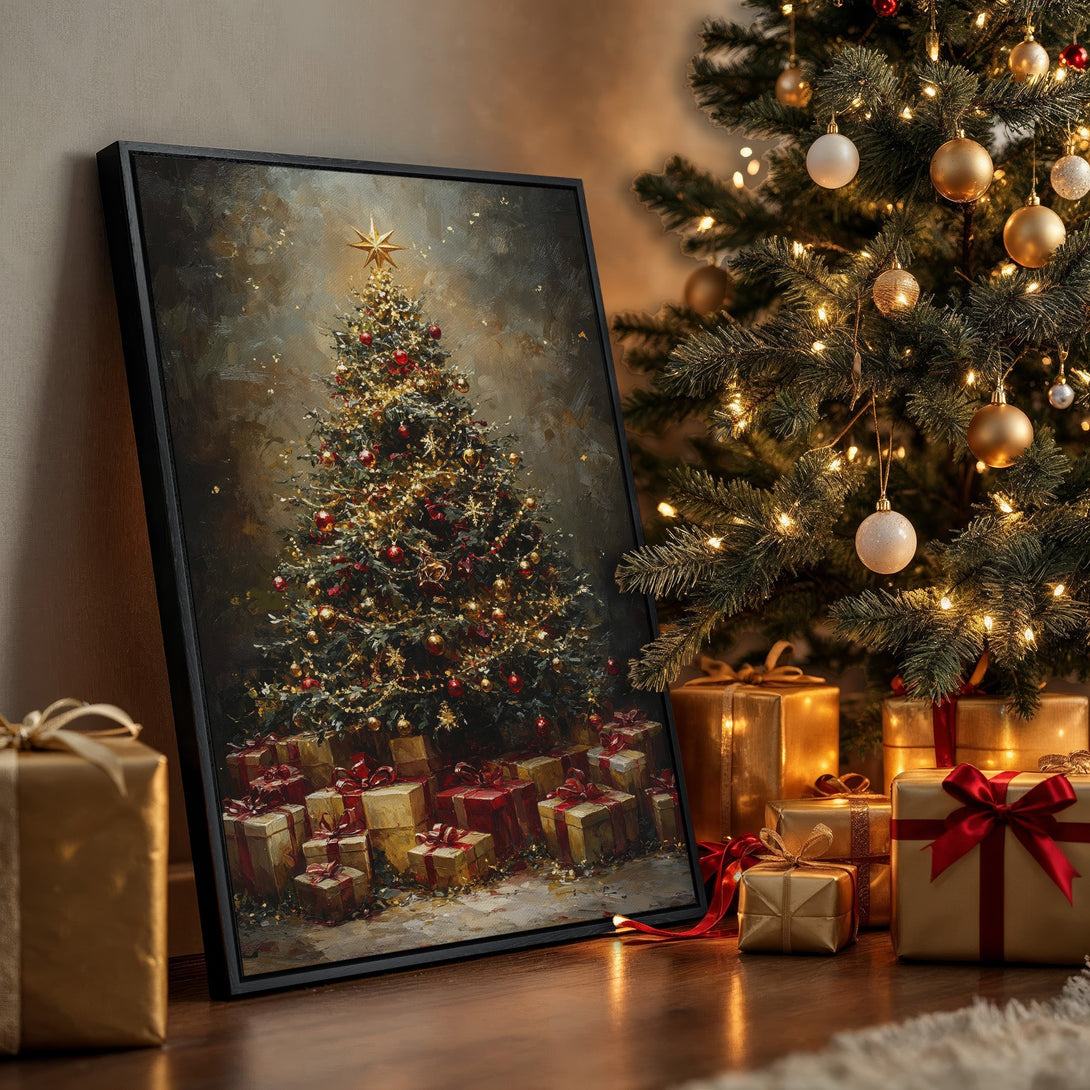 Framed Wall Art featuring a festive Christmas tree painting with warm gold and red tones, perfect holiday decor.