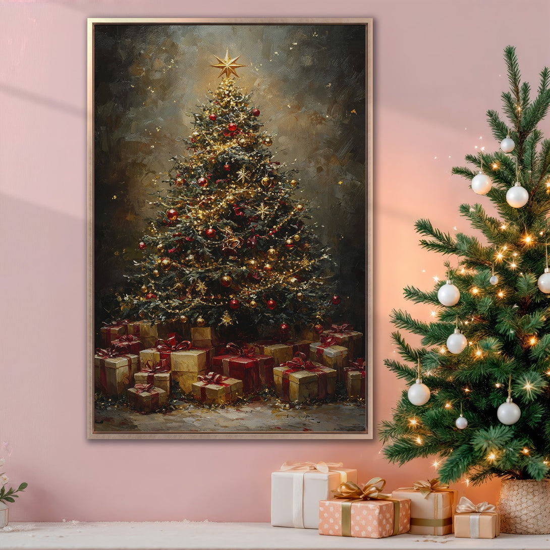 Framed Wall Art: Festive Christmas tree painting in warm gold, red, and green tones. Perfect holiday decor for a cozy, inviting space.