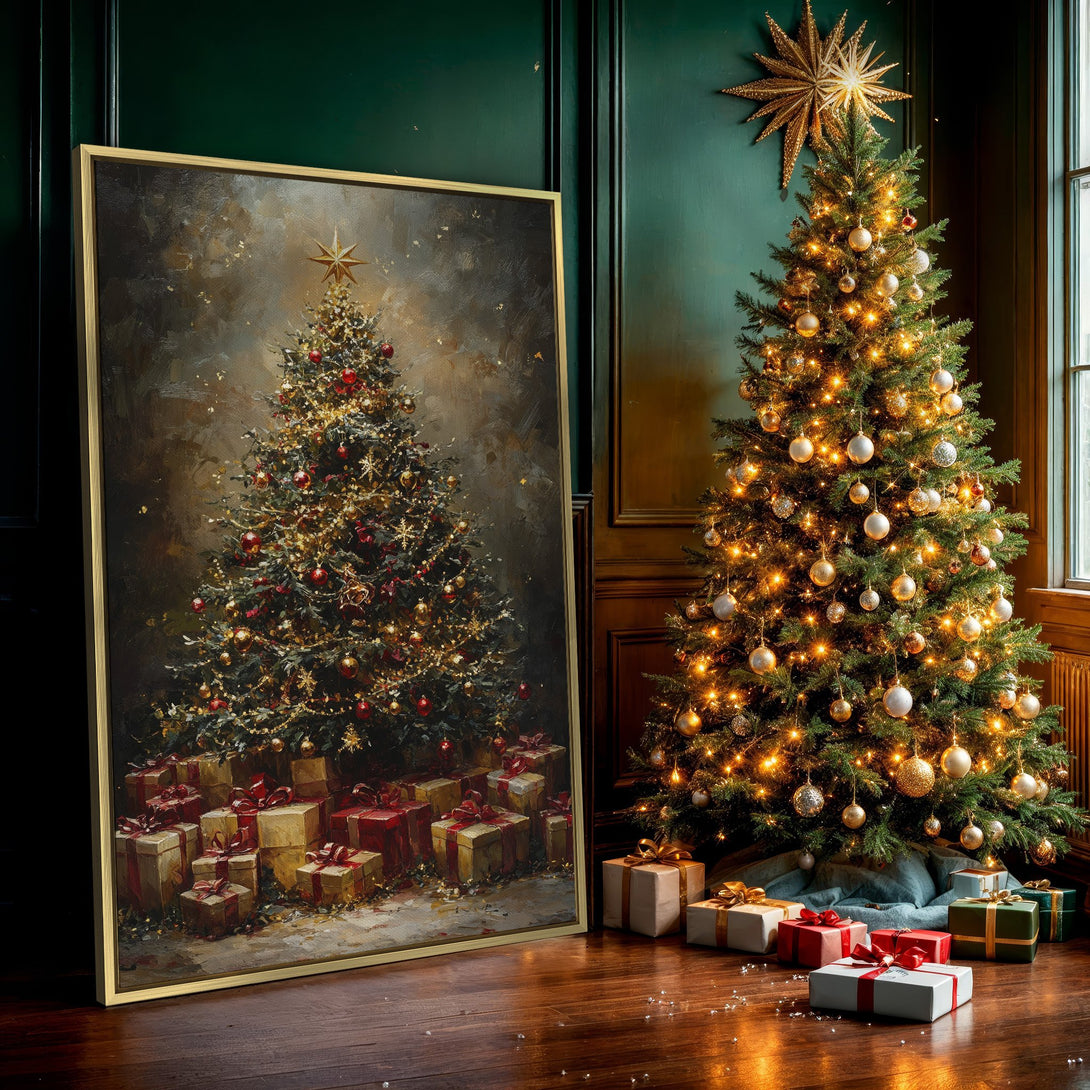 Canvas Print of a festive Christmas tree painting, showcasing a warm, inviting color palette with red, gold, and brown tones, perfect for holiday decor.