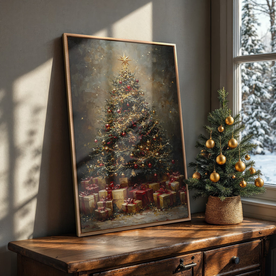 Framed Wall Art featuring a Christmas tree painting in warm, inviting tones. Perfect holiday decor for a cozy, festive atmosphere.