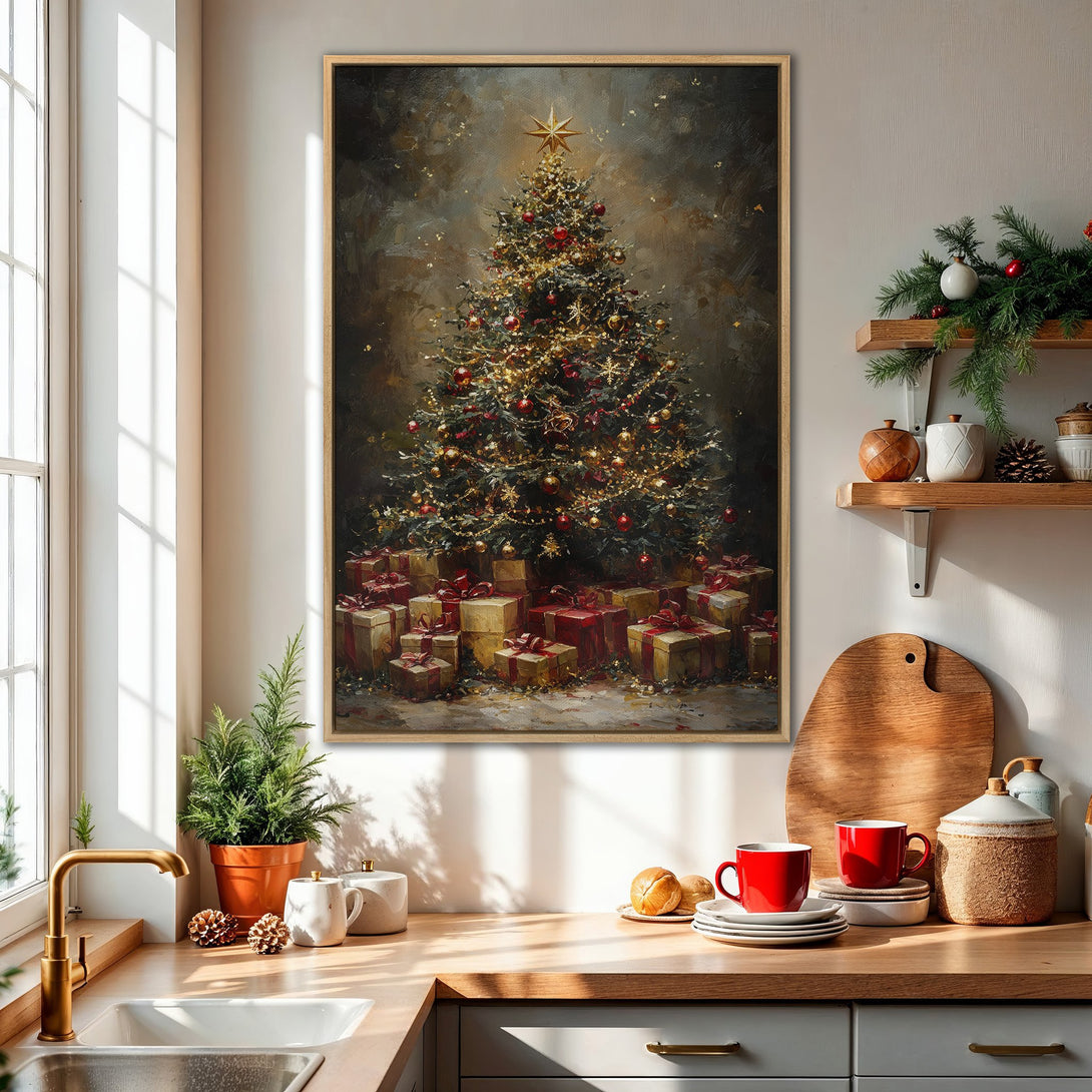 Framed Wall Art: Festive Christmas tree painting in warm tones. Perfect holiday decor for your home. Shop now!