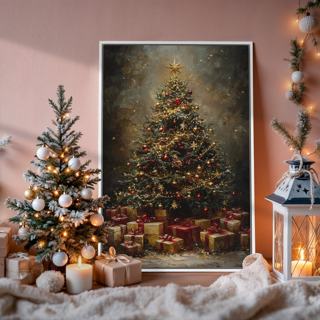 Framed Wall Art: Festive Christmas tree painting in warm, inviting colors. Perfect holiday decor for a cozy, elegant home. Shop our Canvas Print collection today!