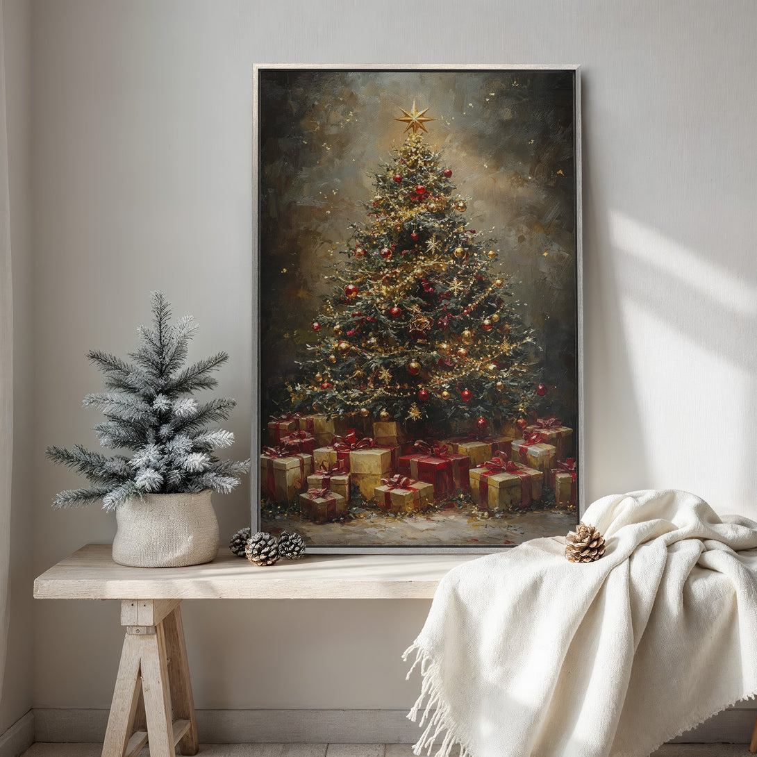 Framed Wall Art: Festive Christmas tree painting in warm, inviting tones. Perfect holiday decor with red, gold, and brown color palette. Add a touch of elegance!