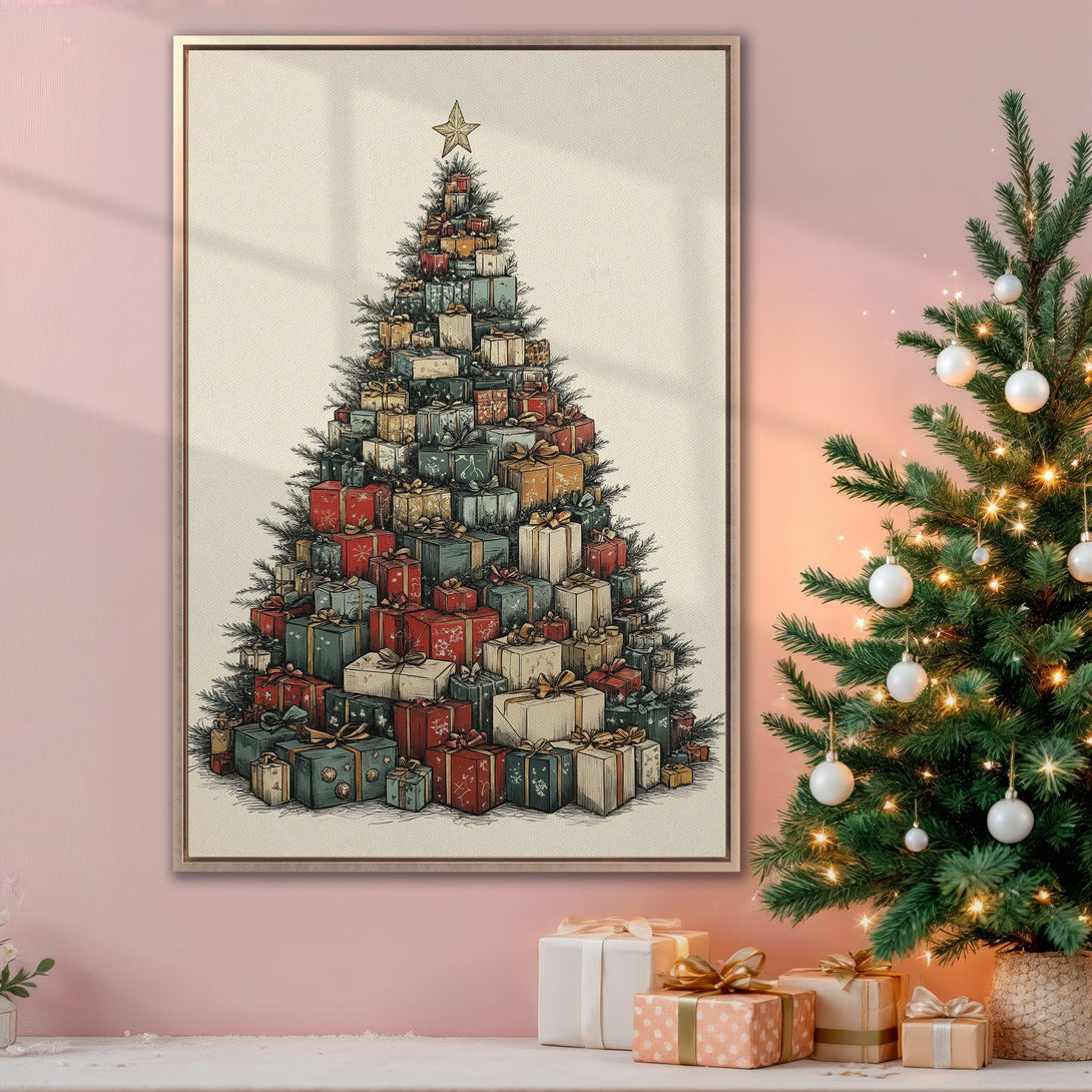 Framed Wall Art: Christmas tree made of gifts, vintage style, warm color palette. Perfect holiday decor for a cozy home!