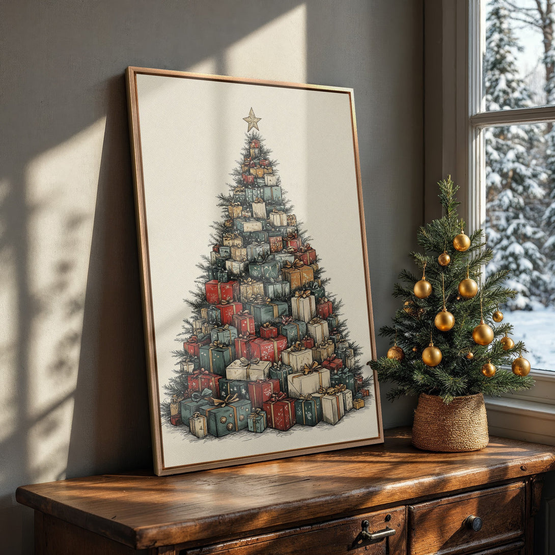 Framed Wall Art: Christmas tree made of gifts, vintage style, warm color palette. Perfect holiday decor for your home!