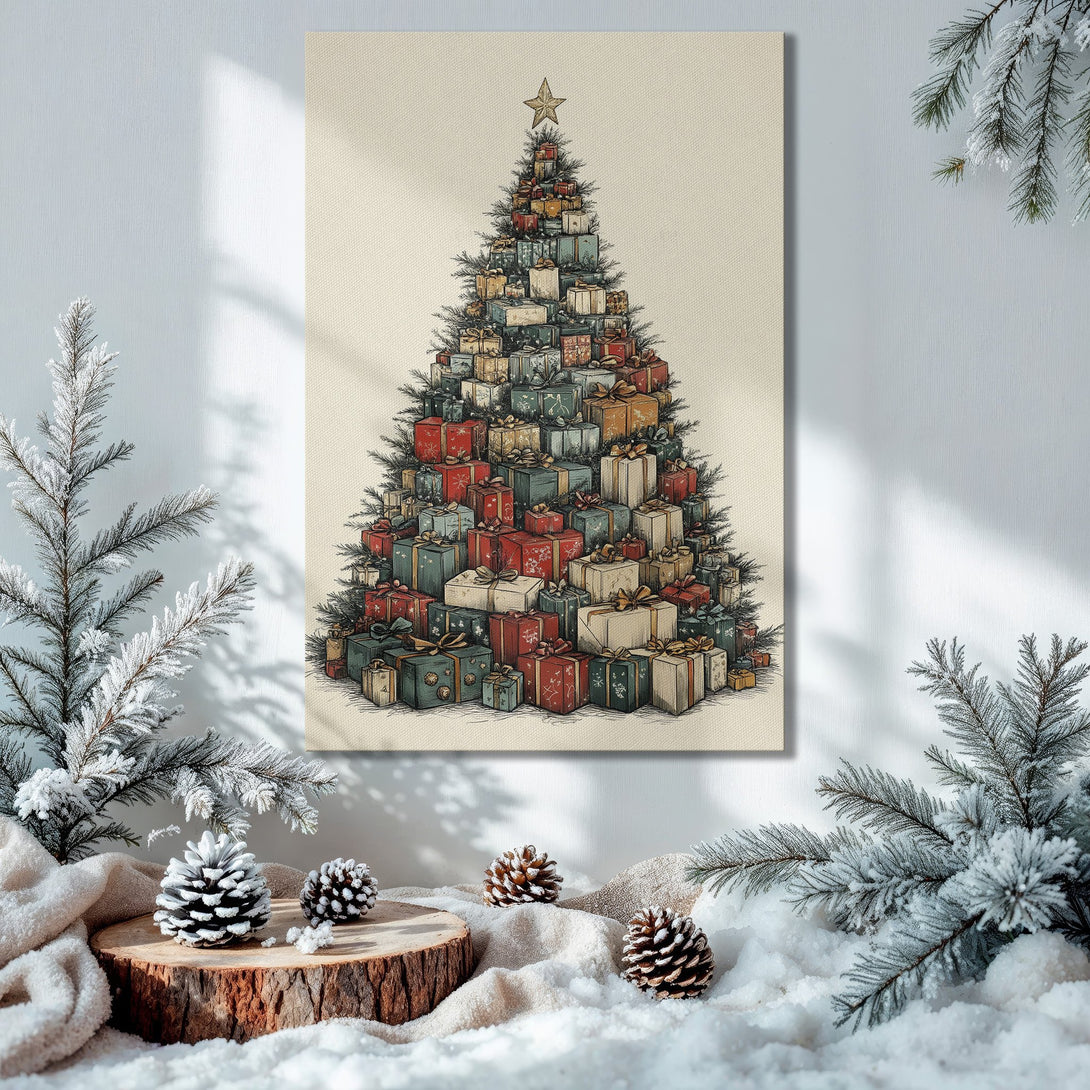 Framed Wall Art: Christmas tree made of gifts, vintage style, warm color palette. Festive decor for your home!