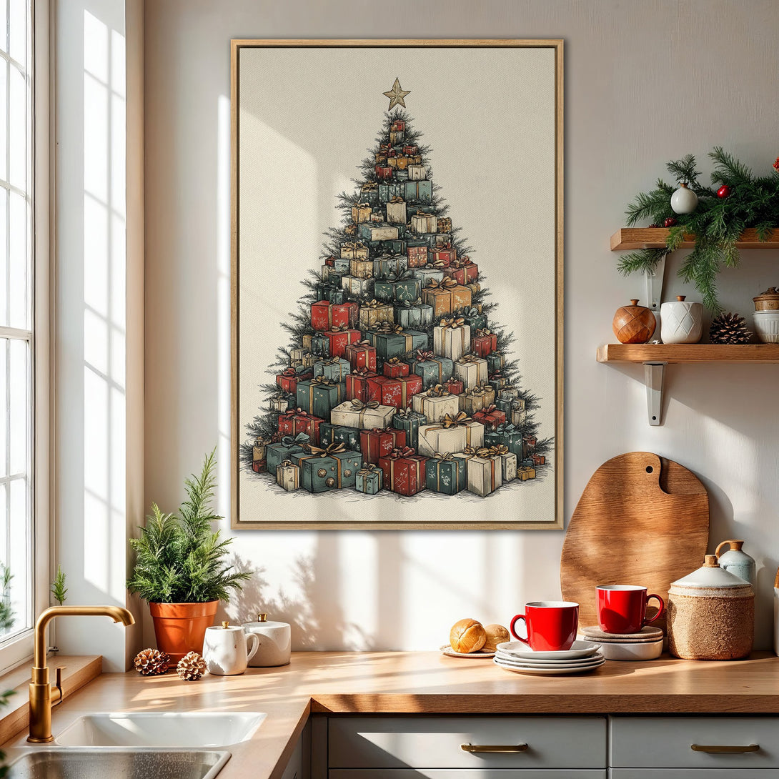 Framed Wall Art features a festive Christmas tree made of gifts, in a vintage style with a warm, neutral color palette. Perfect holiday decor!