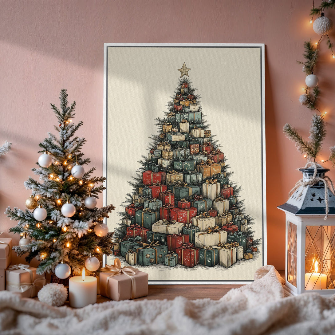 Framed Wall Art: Festive Christmas tree made of gifts, vintage style, warm red & green palette. Perfect holiday decor!