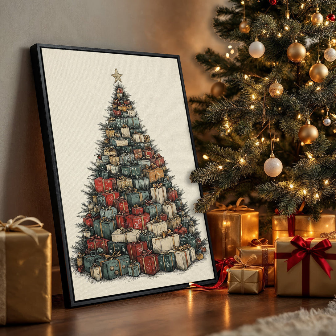 Framed Wall Art: Christmas tree made of gifts, vintage style, warm color palette. Perfect holiday decor!