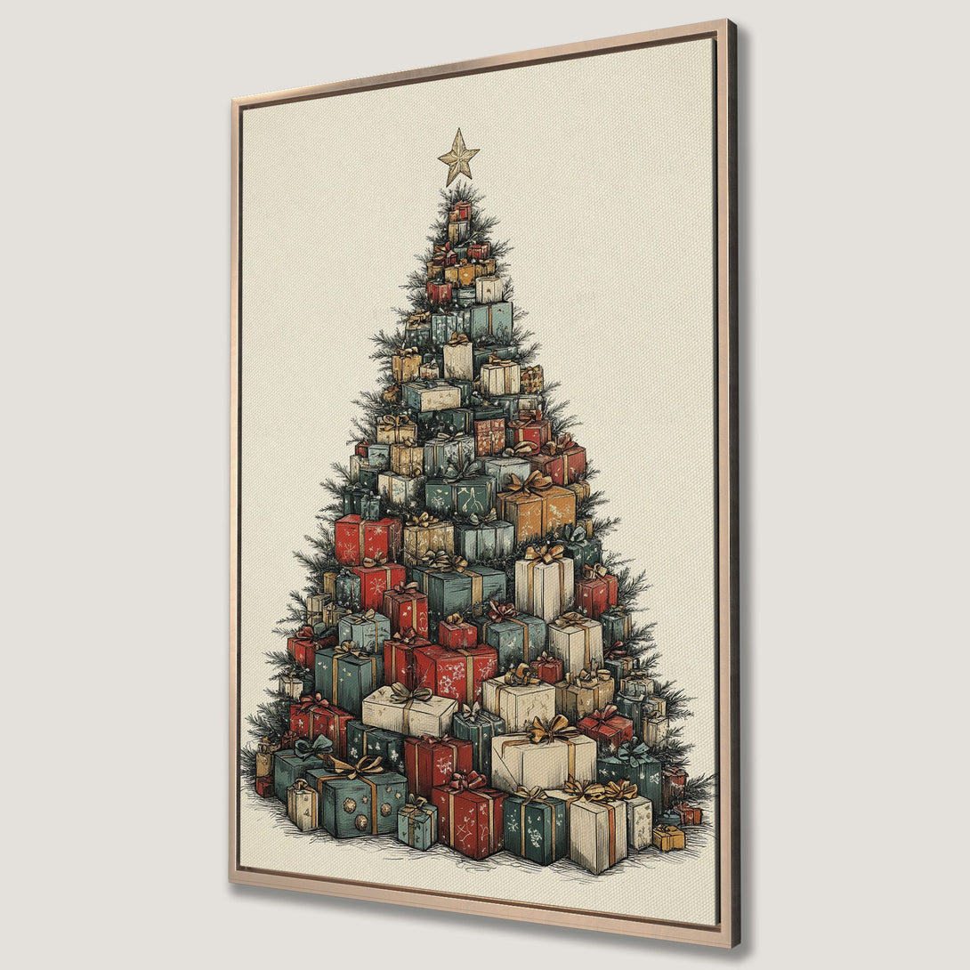 Framed Wall Art featuring a festive Christmas tree made of gifts. Vintage style with a warm, muted color palette. Perfect holiday decor.