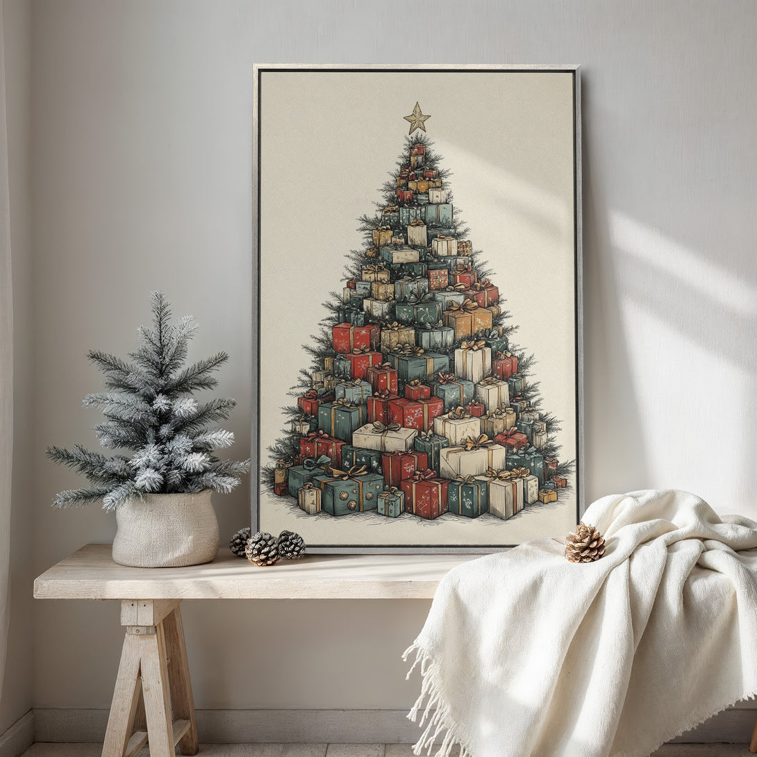 Framed Wall Art: Vintage Christmas tree art print in neutral tones. Perfect holiday decor with a cozy, inviting style. Shop now for unique wall art!