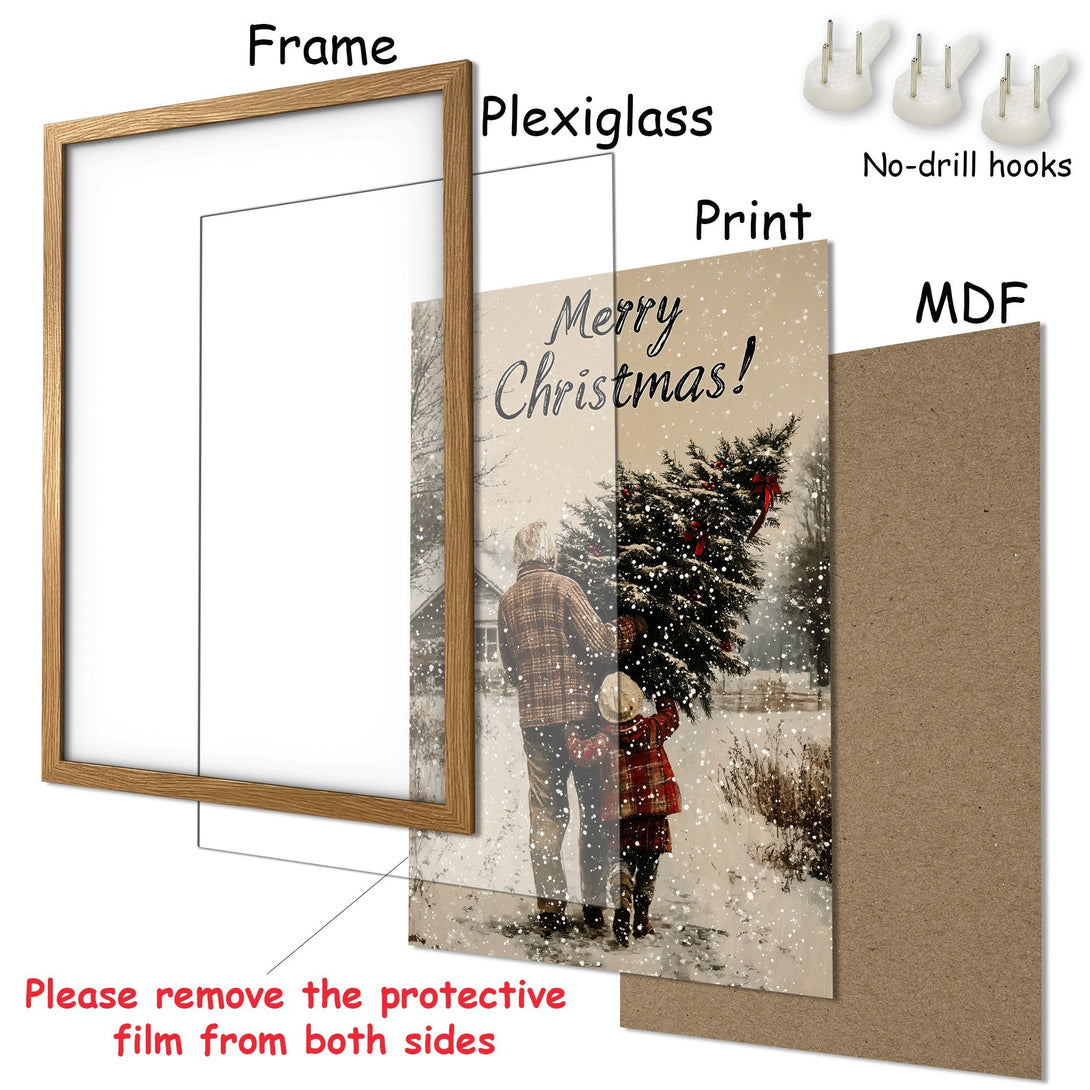 Framed Poster featuring a heartwarming Christmas scene in a vintage style. Warm, neutral color palette. Perfect holiday decor!