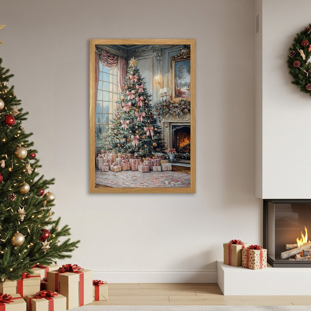 Framed Poster featuring a Christmas tree in a cozy interior. Soft, painterly style with a warm, inviting color palette. Perfect holiday decor!