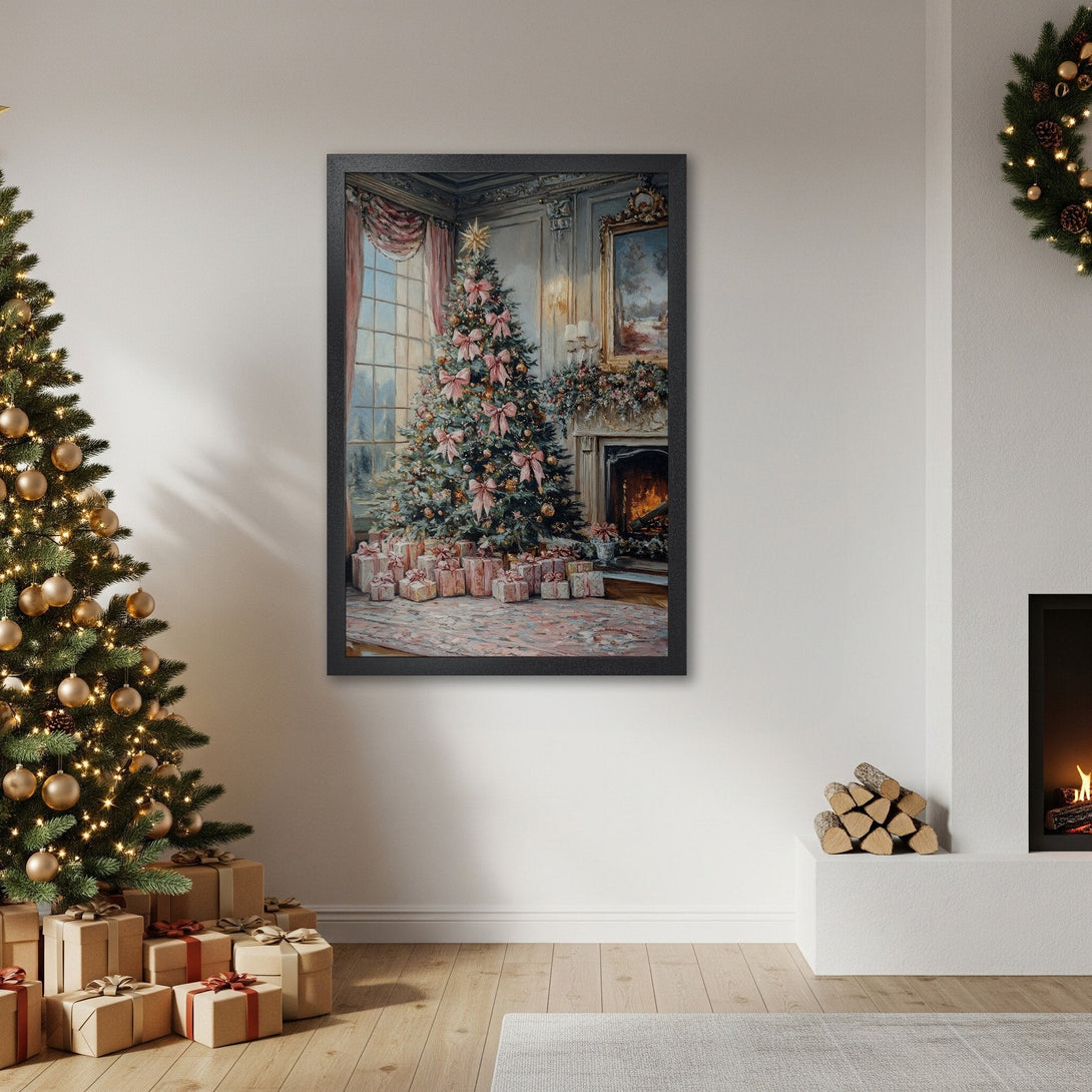 Framed Poster featuring a festive Christmas tree painting in a classic style with a soft pink and gold color palette.