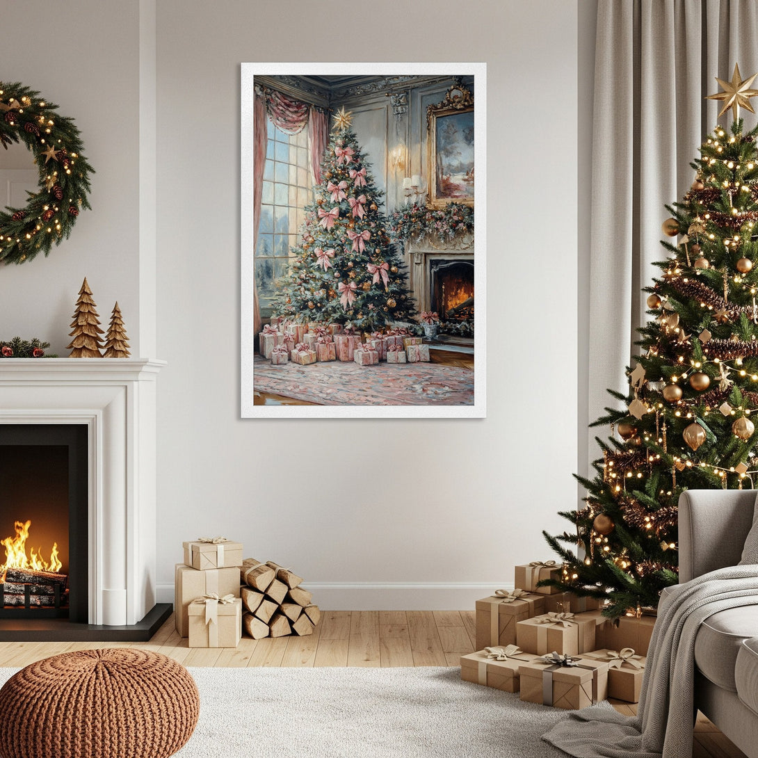 Framed Poster of a cozy Christmas scene with a tree, fireplace, and gifts. Soft pastel color palette, perfect holiday decor.