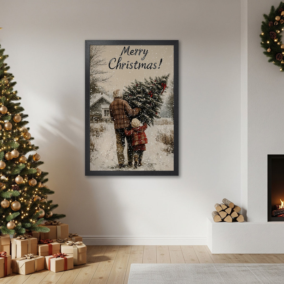 Framed Poster featuring a heartwarming Christmas scene in a vintage style, with a neutral color palette. Perfect holiday decor!