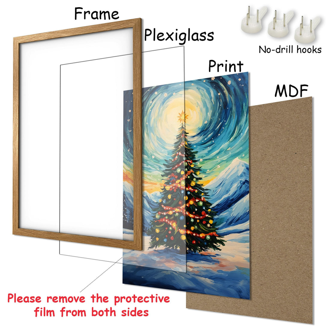 Framed Poster featuring a festive Christmas tree painting in a vibrant blue and gold color palette. Perfect holiday decor!