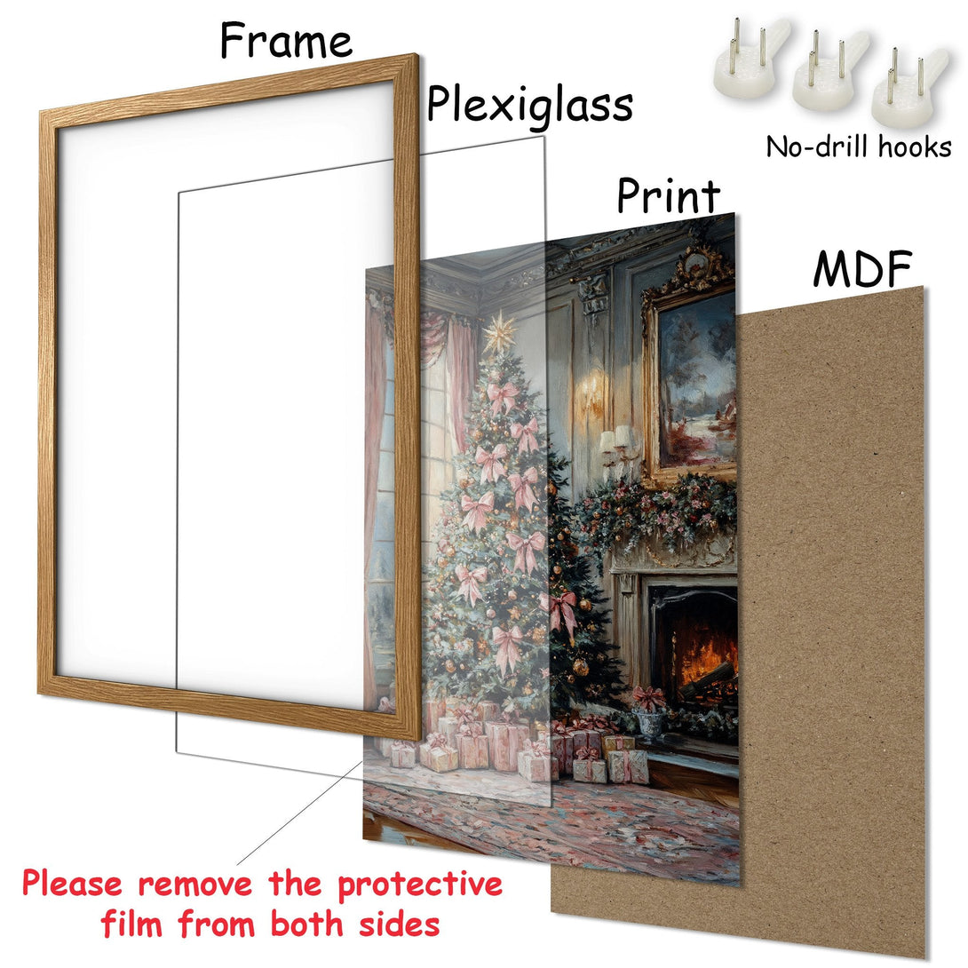 Framed Poster featuring a Christmas tree in a classic style with a warm, pastel color palette. Perfect holiday decor!