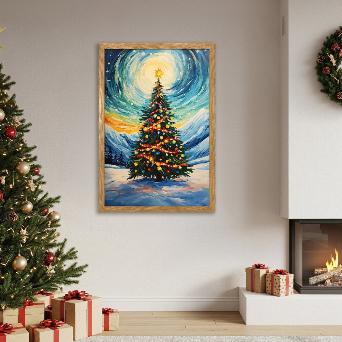 Framed Poster of a Christmas tree in a whimsical style with a blue and yellow color palette, perfect for holiday decor.