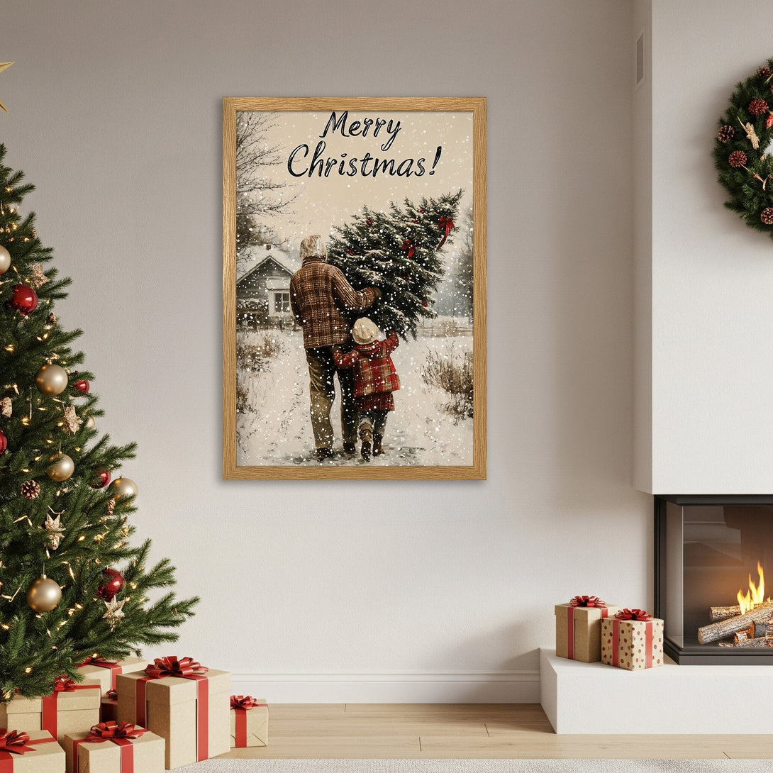 Framed Poster featuring a heartwarming Christmas scene in a vintage style with a neutral color palette. Perfect holiday decor!