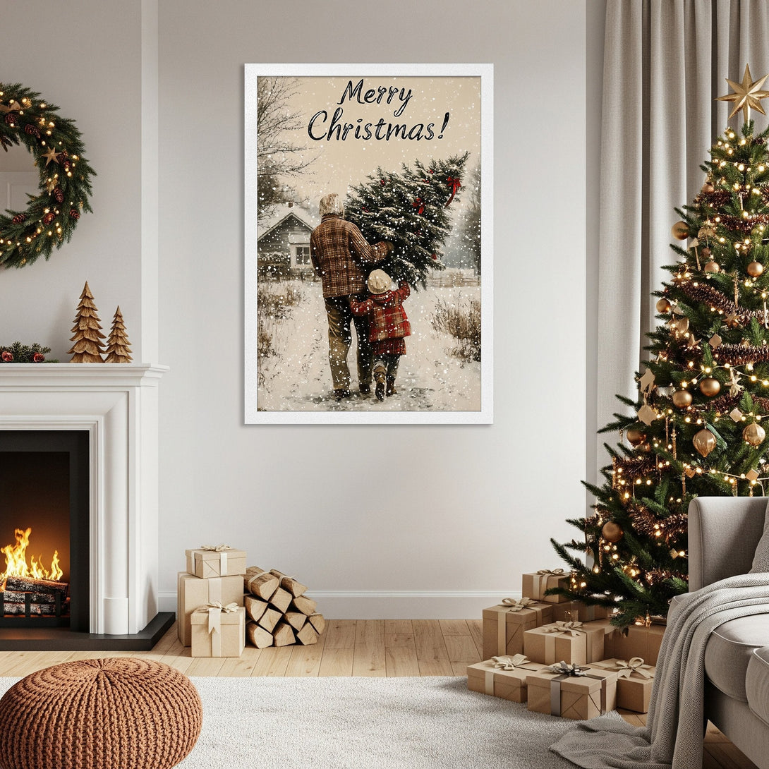 Framed Poster featuring a heartwarming Christmas scene in a vintage style with a neutral color palette. Perfect holiday decor!