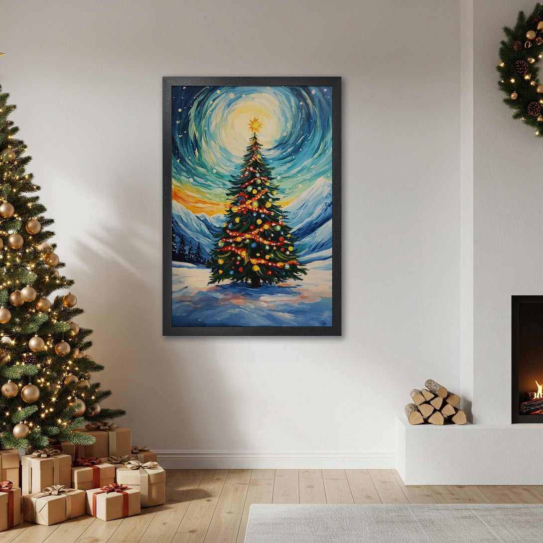 Framed Poster of a Christmas tree in a snowy landscape, vibrant blues & yellows, perfect holiday decor.