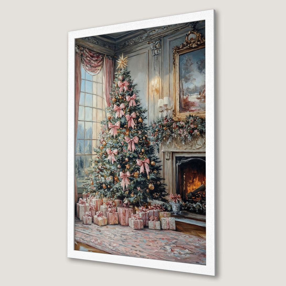 Framed Poster featuring a Christmas tree in a cozy room, painted in a classical style with a soft pink and gold color palette.