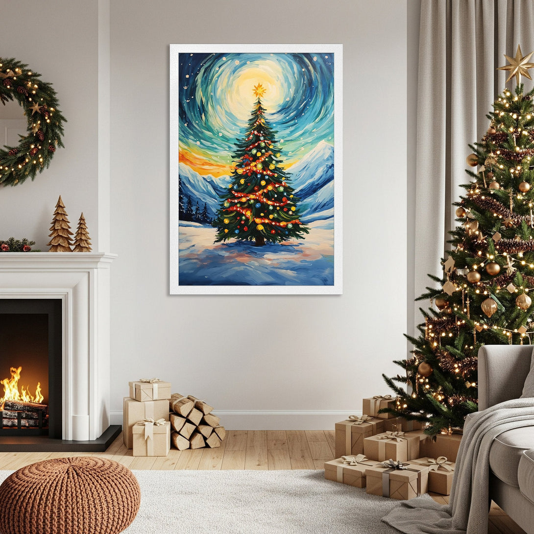 Framed Poster of a Christmas tree in a snowy landscape, with vibrant blues, yellows, and greens. Perfect winter decor!