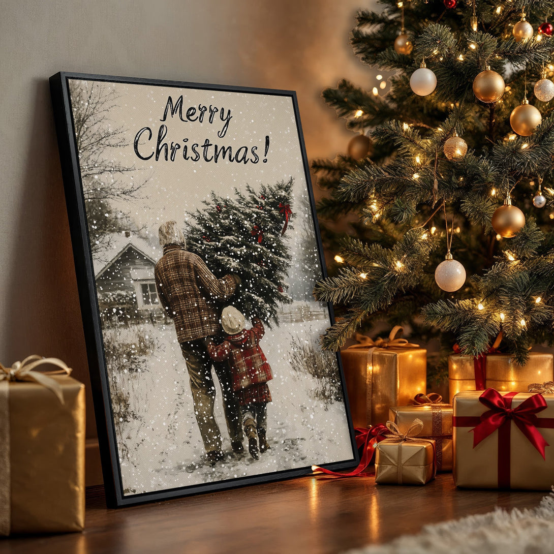 Framed Wall Art: "Merry Christmas" scene. Rustic style, warm neutral tones. Features a family carrying a Christmas tree. Perfect holiday decor.