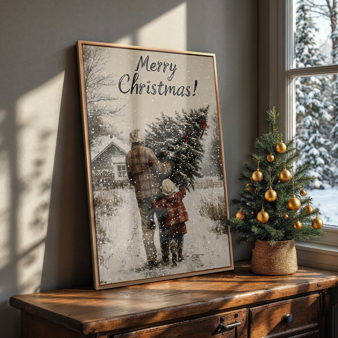 Framed Wall Art: "Merry Christmas" print featuring a father and child in a snowy scene. Warm, neutral color palette, perfect for holiday decor.