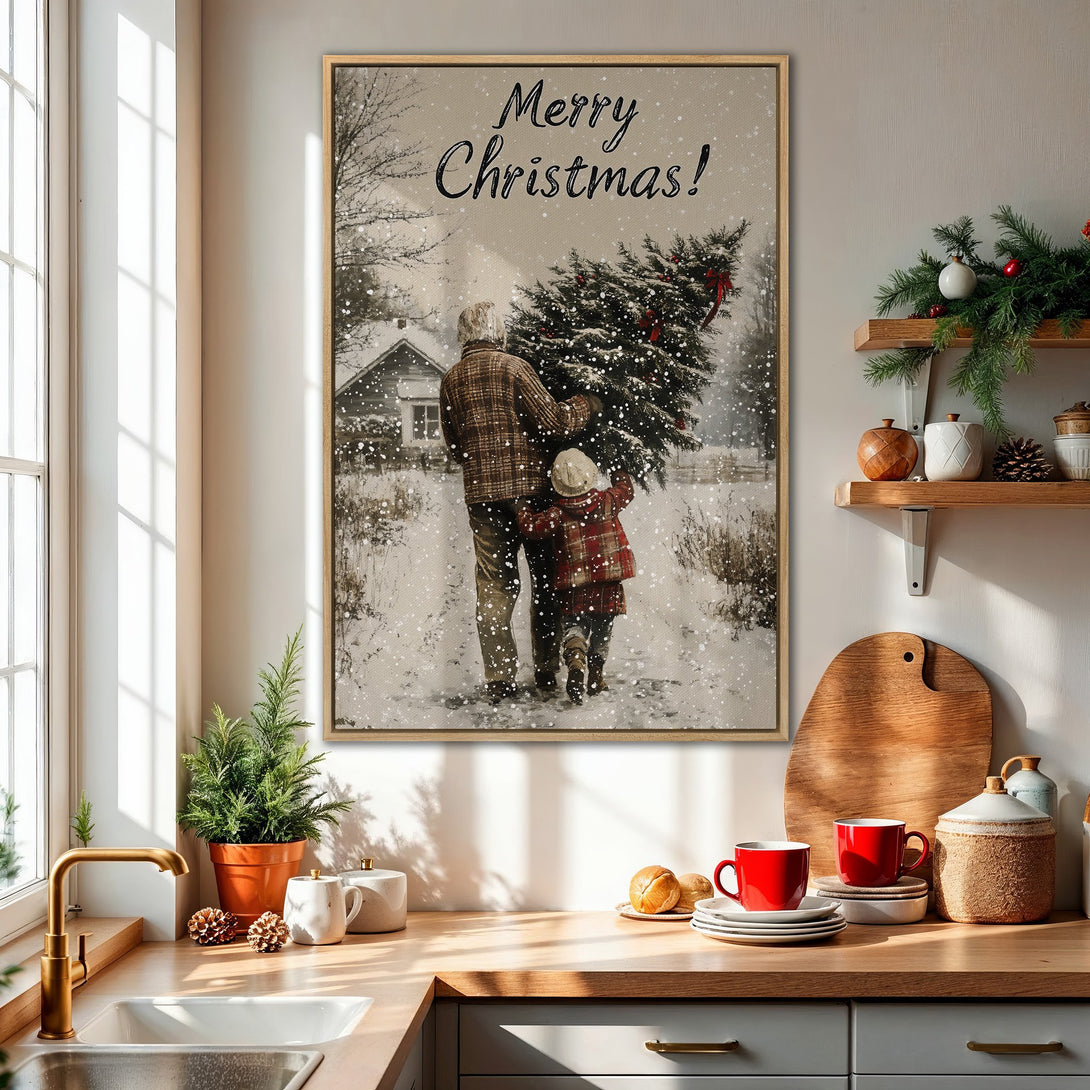 Framed Wall Art: "Merry Christmas" winter scene canvas print. Cozy, rustic style with a neutral, warm color palette. Perfect holiday decor.
