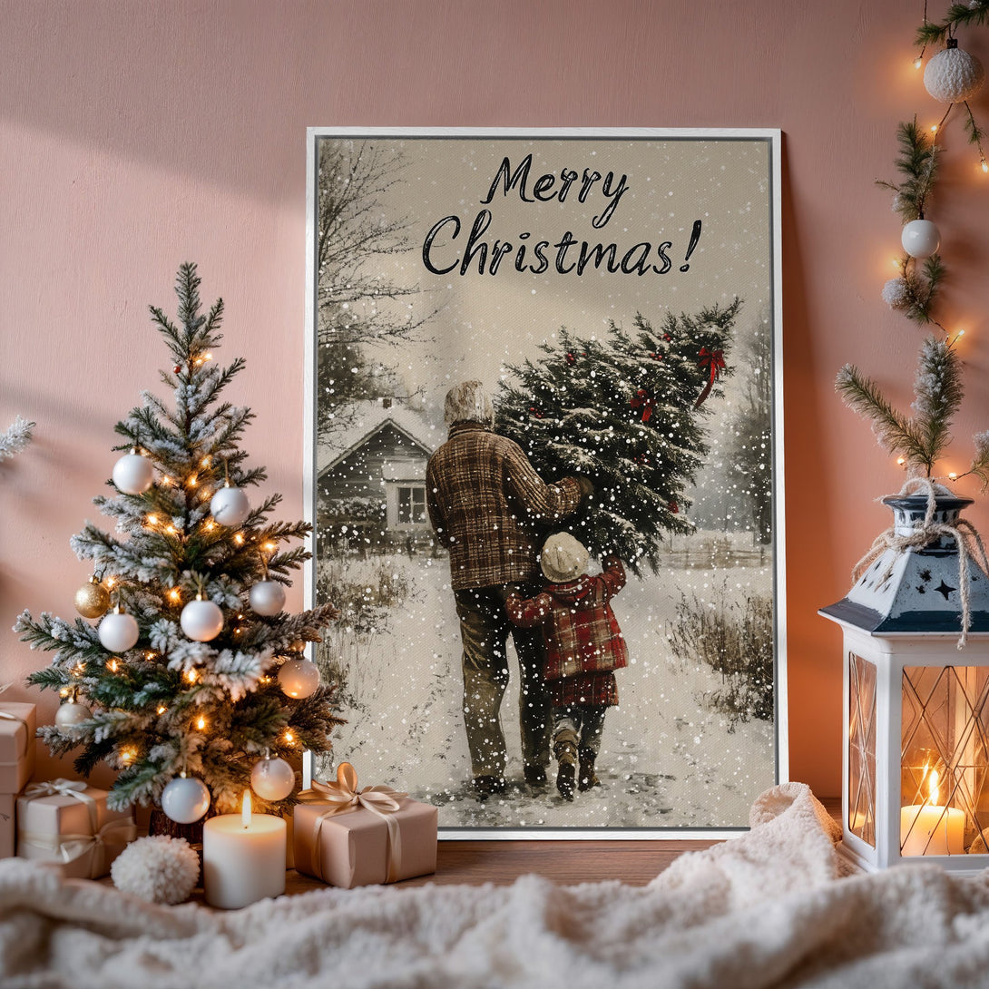 Framed Wall Art: Cozy Christmas scene with family carrying tree in snowy landscape. Neutral palette with pops of red, perfect holiday decor.