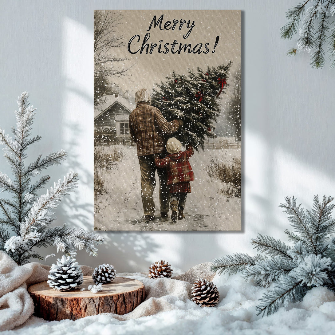 Framed Wall Art: "Merry Christmas" canvas print. Winter scene with a family. Warm, nostalgic style with green, gold, and red tones. Perfect holiday decor.