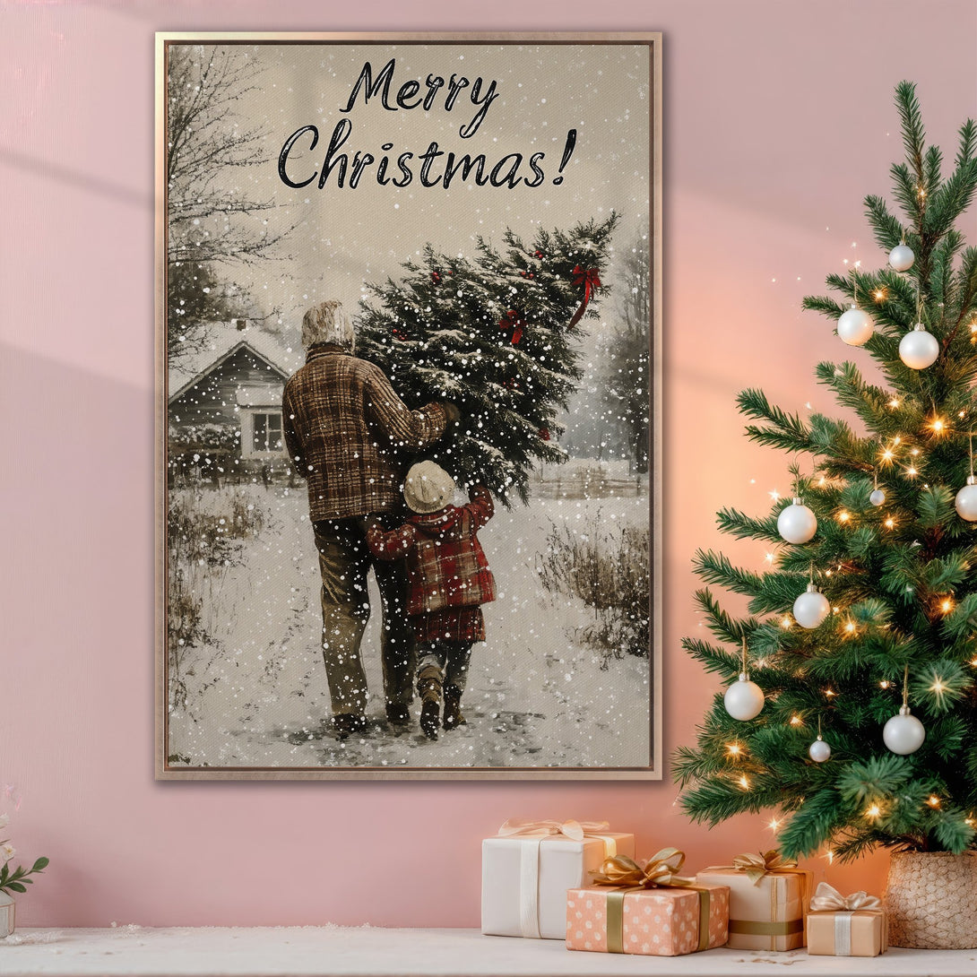 Framed Wall Art: Winter scene of a father and child carrying a Christmas tree, neutral tones with pops of red, perfect holiday decor.