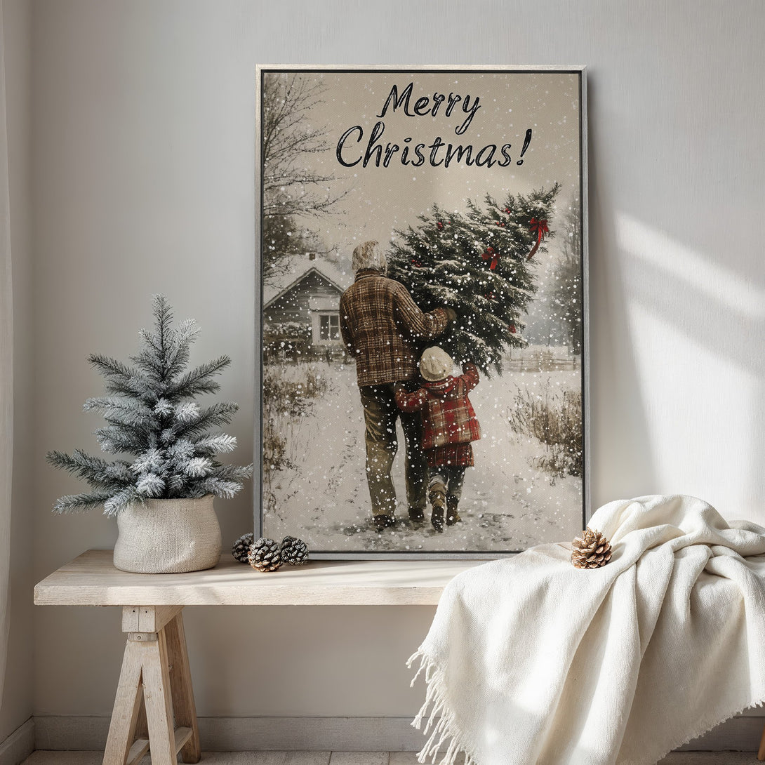 Framed Wall Art: Cozy Christmas scene in neutral tones. Vintage style Canvas Print of father and child carrying a tree in the snow. Perfect holiday decor!