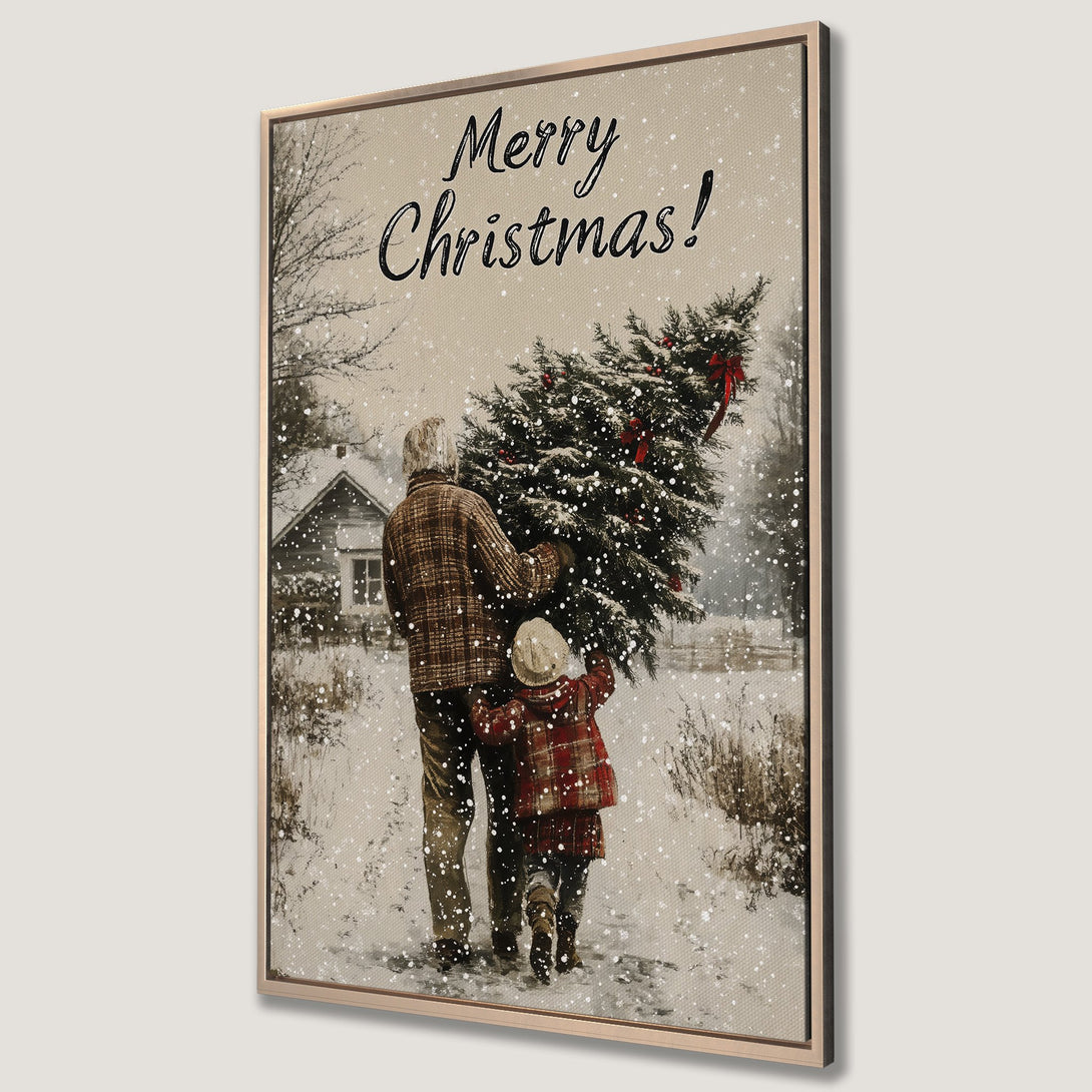 Framed Wall Art: Vintage Christmas scene with a father and child carrying a tree through the snow. Warm, neutral tones with pops of red. Perfect holiday decor!