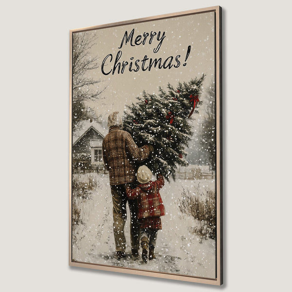 Framed Wall Art: Vintage Christmas scene with a father and child carrying a tree through the snow. Warm, neutral tones with pops of red. Perfect holiday decor!