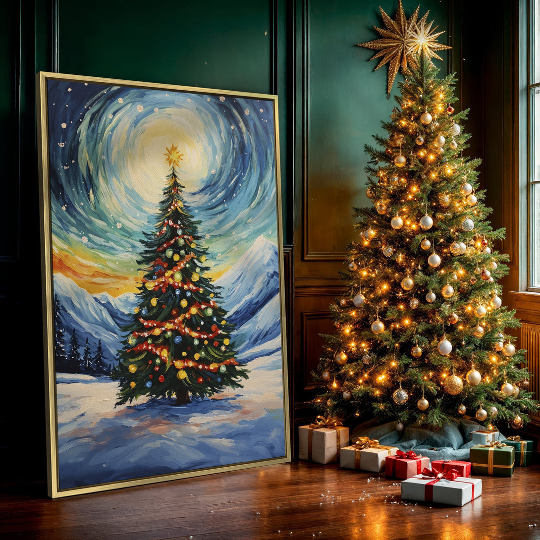 Canvas Print of a festive Christmas tree painting in a whimsical style, featuring a cool blue and yellow color palette, perfect for holiday decor.