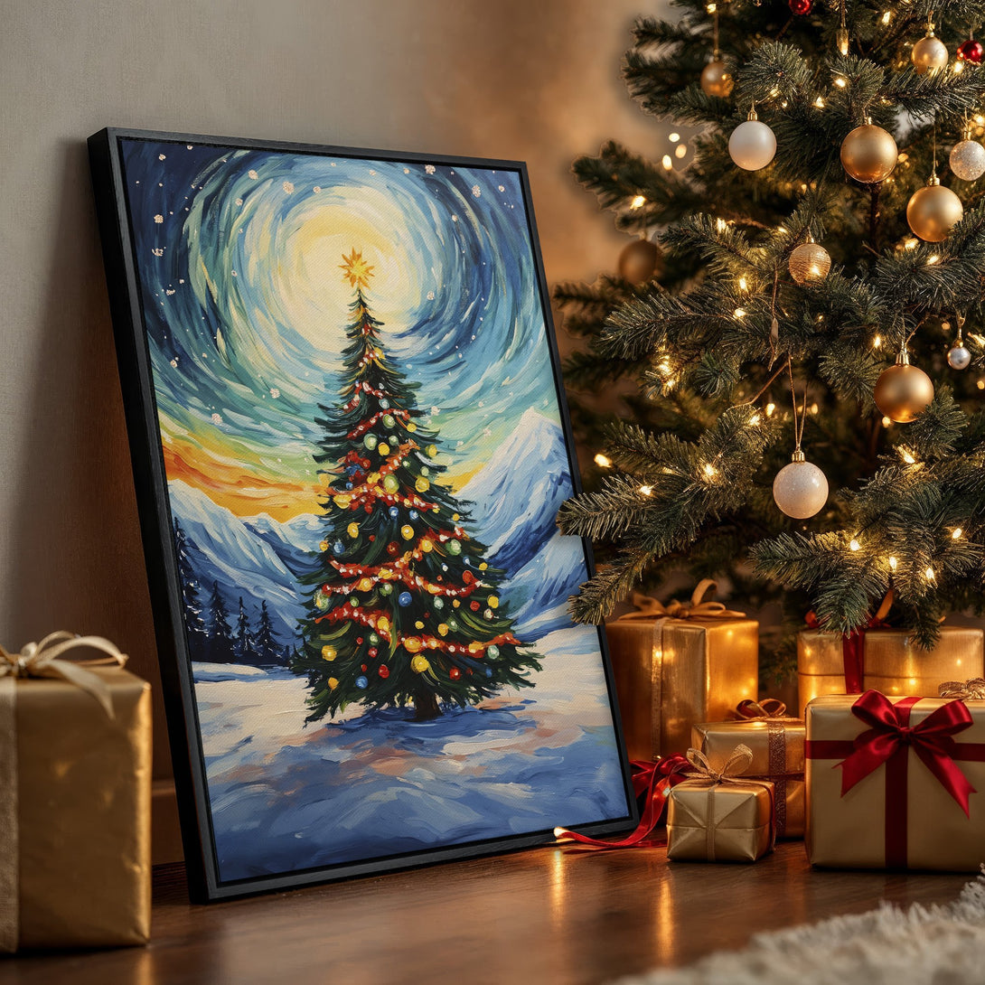 Framed Wall Art of a Christmas tree painting in a winter landscape, with a blue, yellow, and white color palette. Perfect holiday decor!