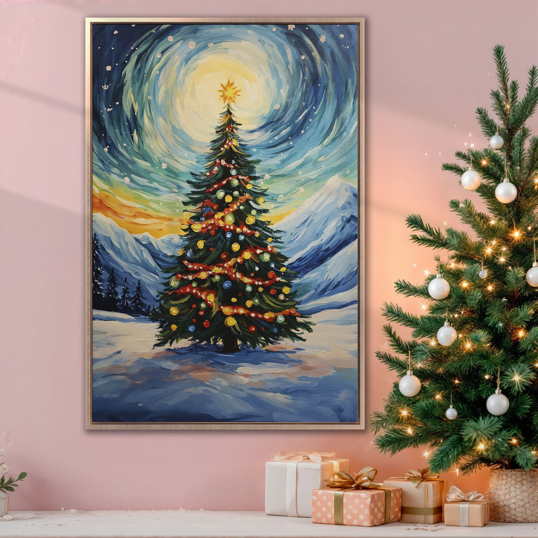 Framed Wall Art: Festive Christmas tree painting in a winter landscape with a blue, yellow, and green color palette. Perfect holiday decor!
