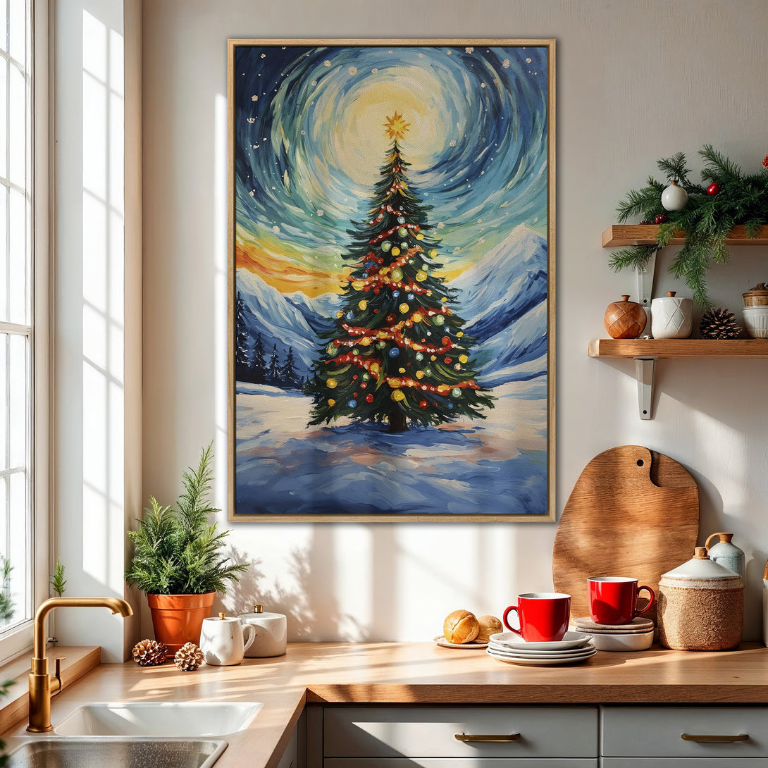 Framed Wall Art: Festive Christmas tree painting with a snowy mountain backdrop in a blue, yellow, and green palette. Perfect holiday decor!