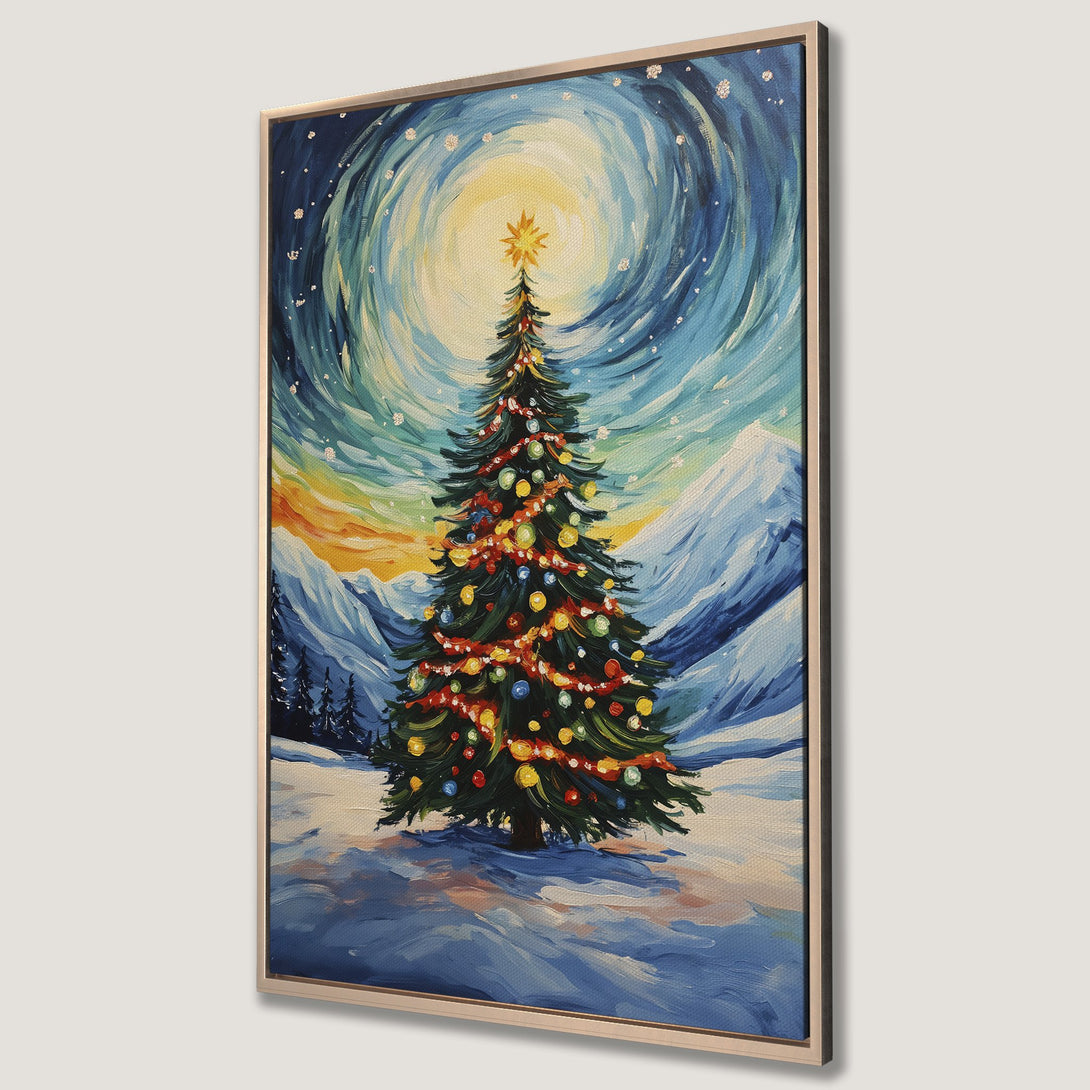 Framed Wall Art: Festive Christmas tree painting in a snowy landscape. Blue, white, and yellow color palette. Perfect holiday decor for your home.