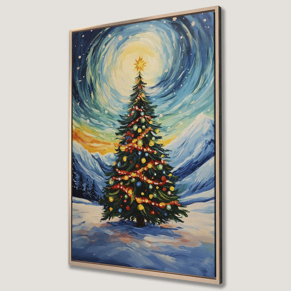 Framed Wall Art: Festive Christmas tree painting in a snowy landscape. Blue, white, and yellow color palette. Perfect holiday decor for your home.