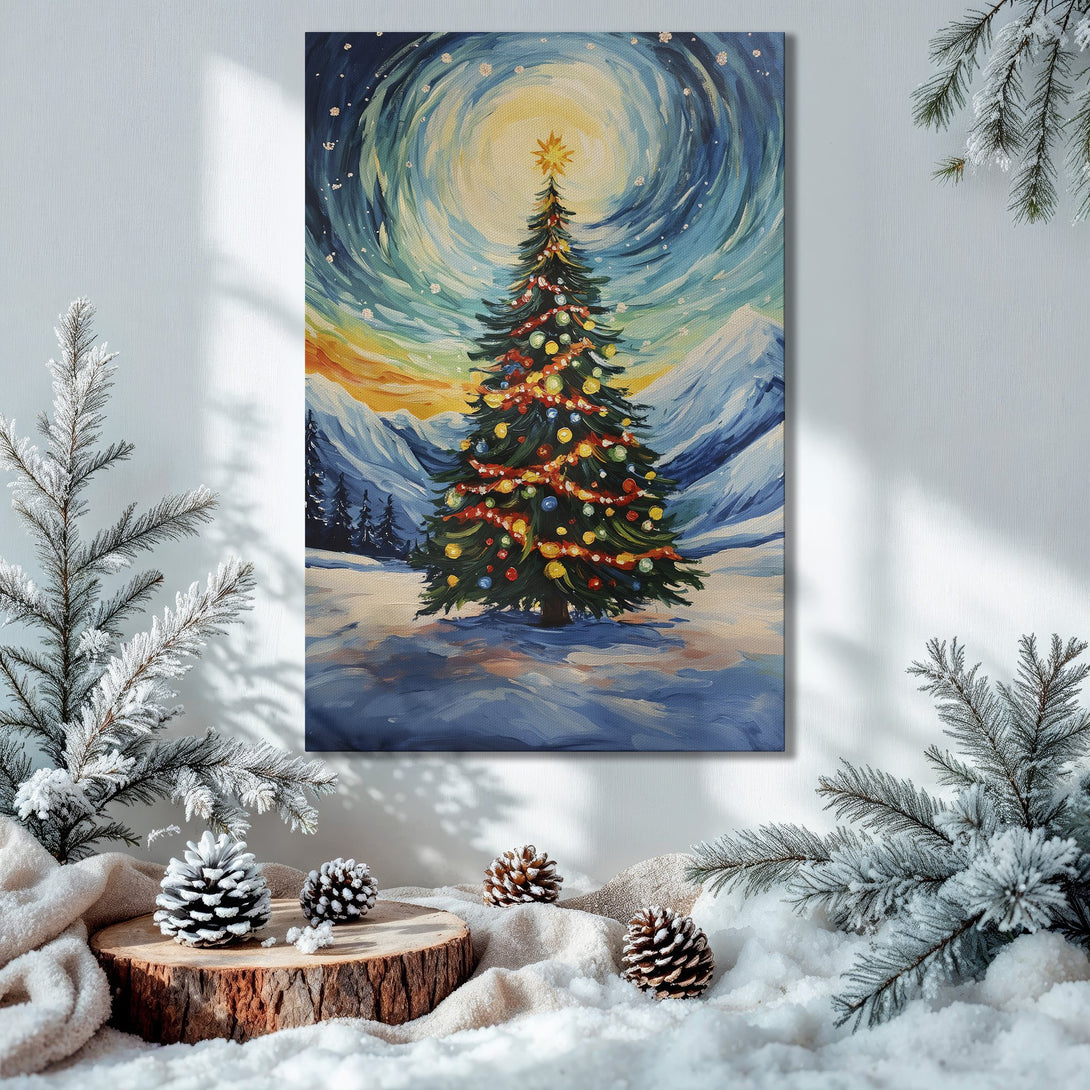 Framed Wall Art: Winter Christmas tree painting in blue, yellow, and white. Festive holiday decor for your home.