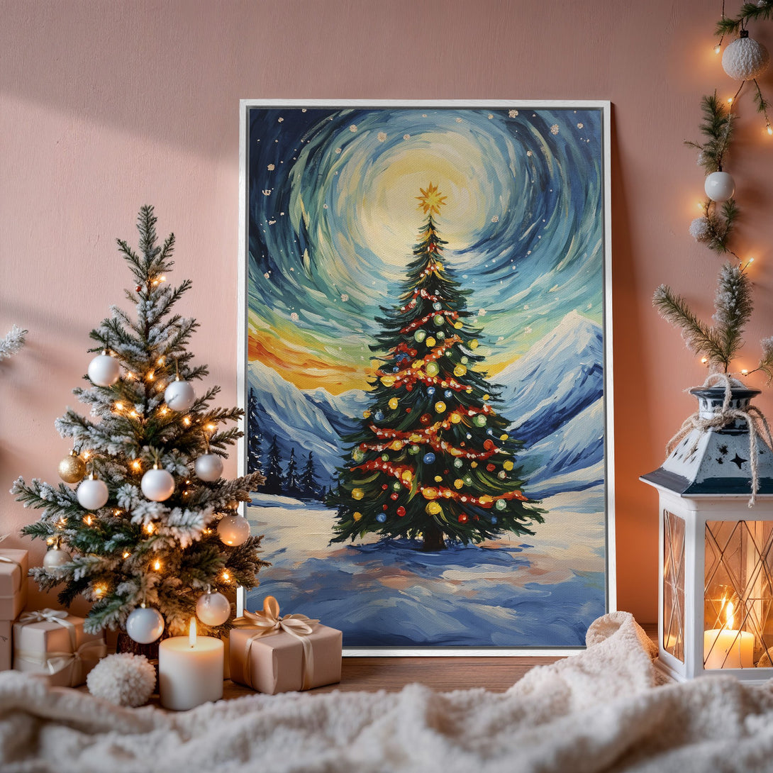 Framed Wall Art: Winter Christmas tree painting in blue & yellow palette. Perfect holiday decor for your home! Shop Canvas Prints now.