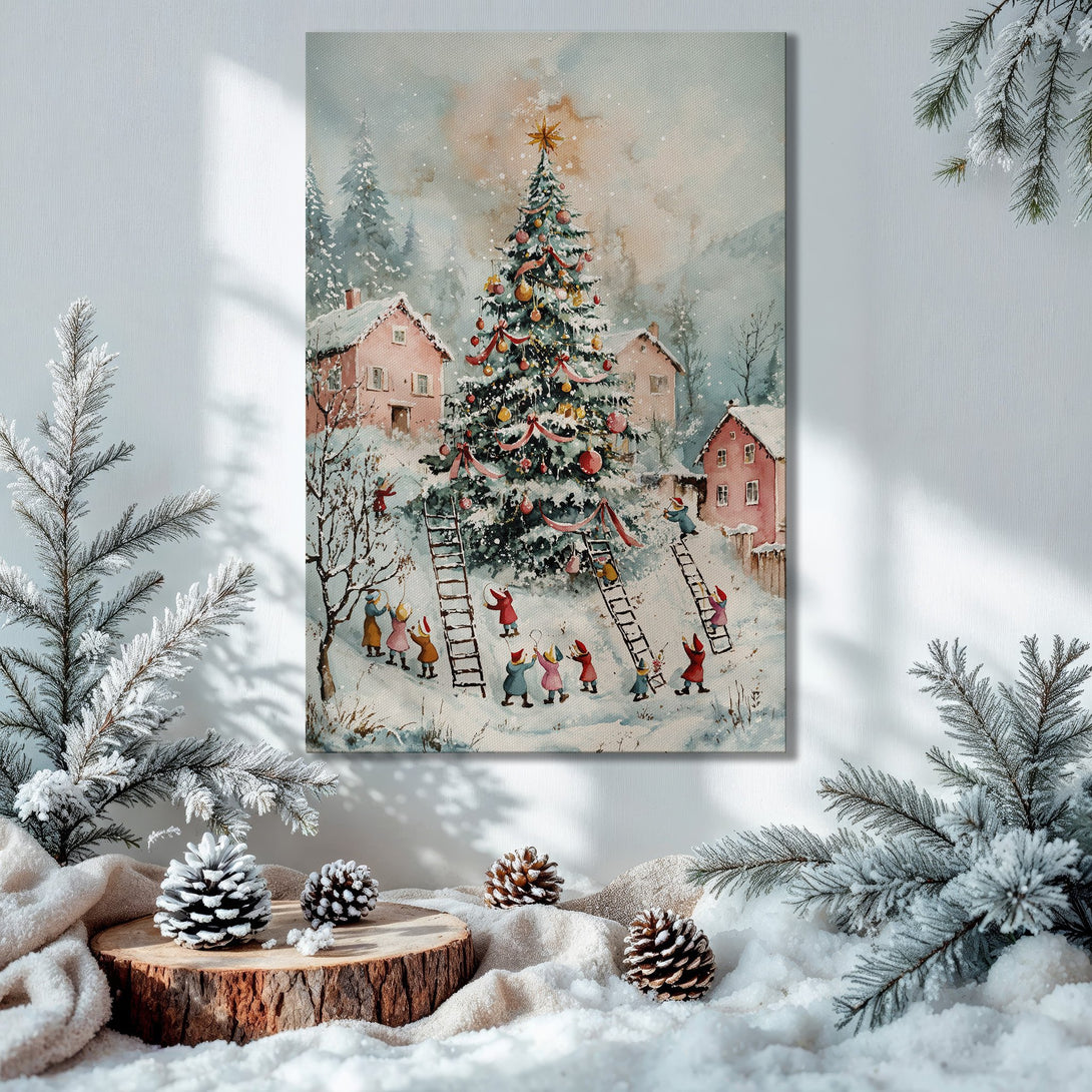 Framed Wall Art: Watercolor Christmas scene in pink & blue tones. Festive winter artwork with a cozy, whimsical style. Perfect holiday decor.